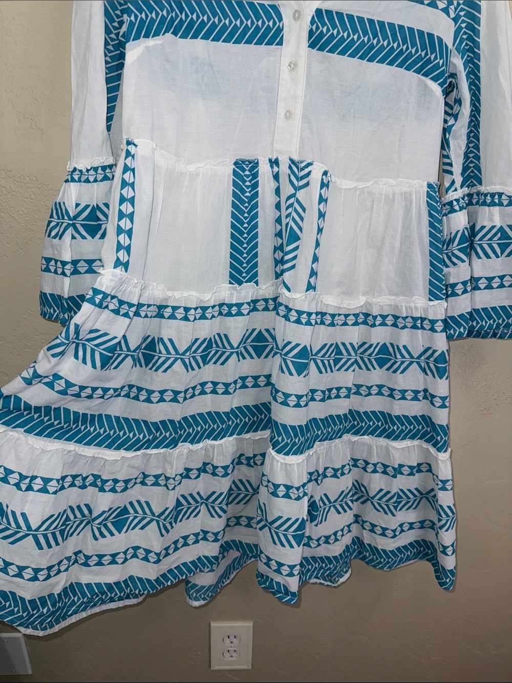 Attic Salt Blue & White Cotton Tiered V-Neck Boho Midi Dress Coastal Aztec XL - Picture 12 of 13